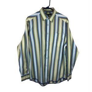 Indigo Palms Denim Company Mens Medium Blue Green Brown Stripe Long Sleeve Shirt